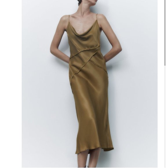 Zara Dresses & Skirts - NWT ZARA SATIN LINGERIE STYLE DRESS DARK KHAKI